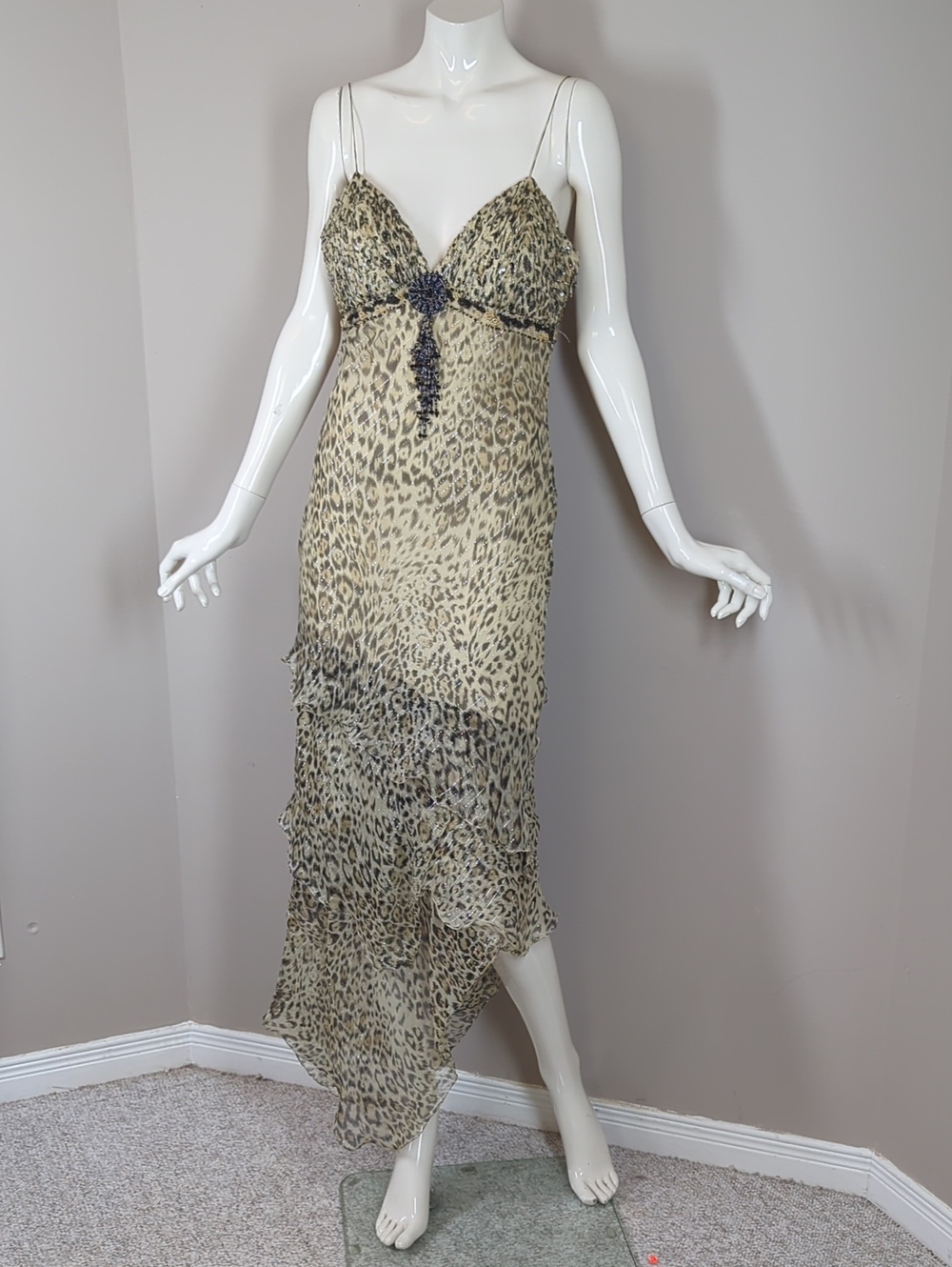 Vintage Y2K Chicas 100% Silk Leopard Print Ruffle Maxi Dress M Sheer Bias Beaded